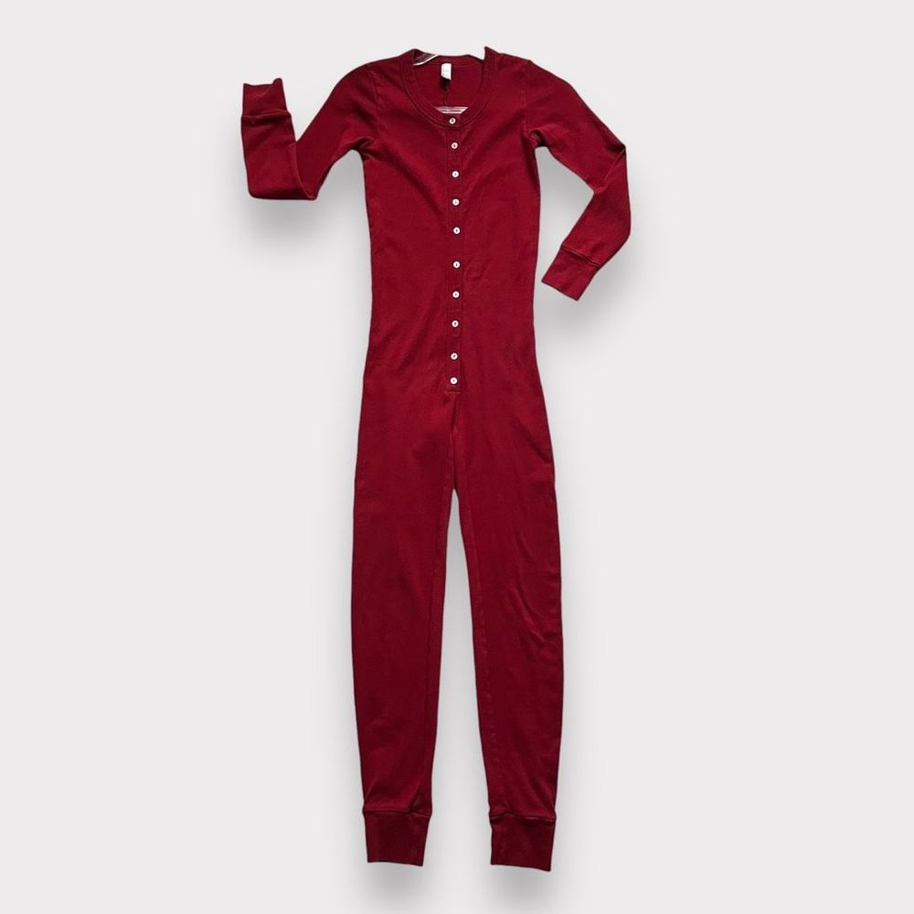 American Apparel Union Suit Small Red Womens Sleepwear Pajama Jumpuit Button